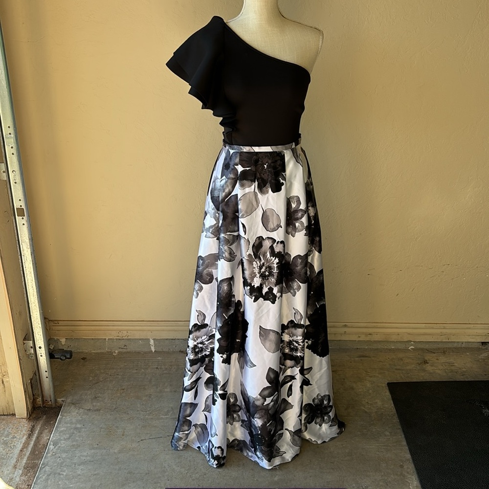 Asymmetric Black and white 2 piece ball gown